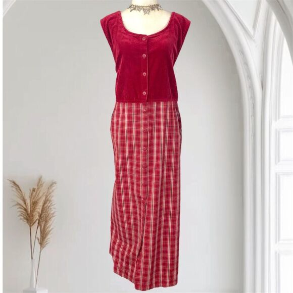 Bobbie Brooks Boho Cottage Burgundy Red White Cotton Gingham Maxi Dress 26 W 28 - Picture 1 of 7